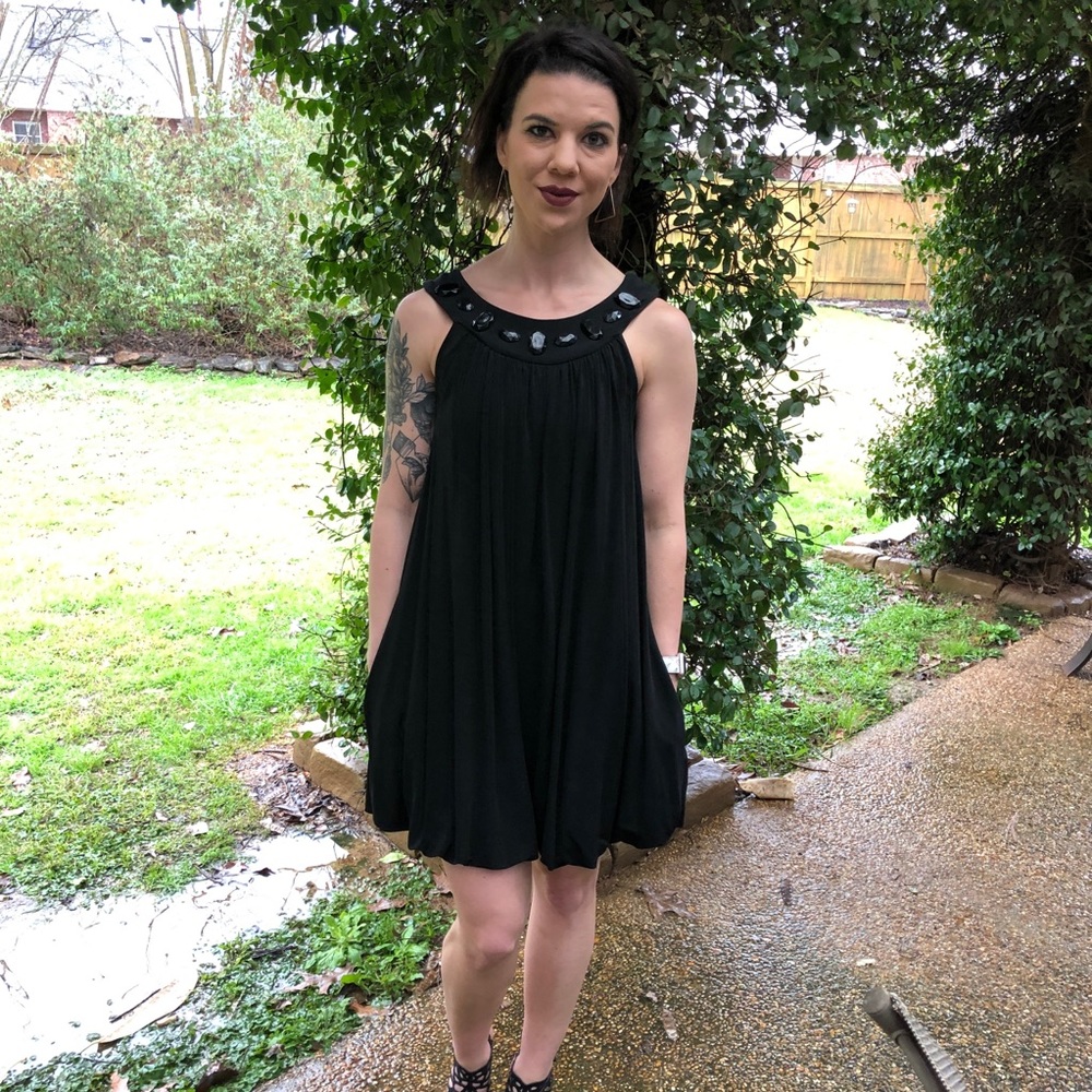 Black Bubble Dress with Pockets & jeweled collar